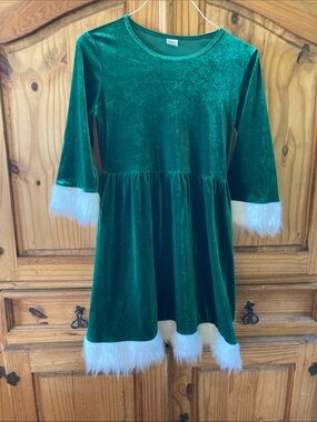 Girls Holiday Time green velvet white faux fur long sleeve dress size XXL (18)